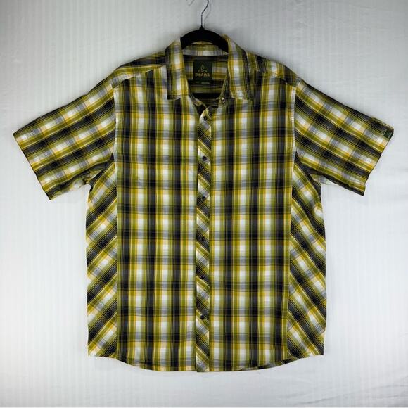 Prana Milo Pearl Snap Short Sleeve Button Down Shirt Size Medium Yellow Plaid - Picture 1 of 6